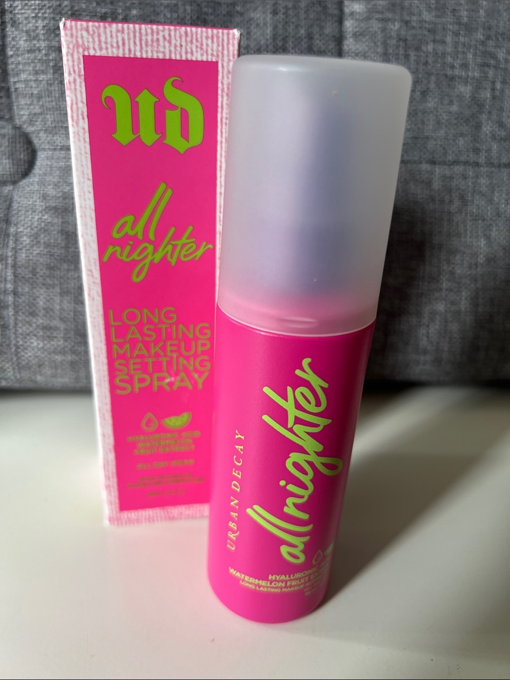 Urban Decay All Nighter Makeup Setting Spray — Bright Pink & Neon Green Accents